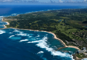 Aerial view that includes 65 acres on Oahu's North Shore sold to the Utah-based Areté Collective by the Blackstone Group in May 2024